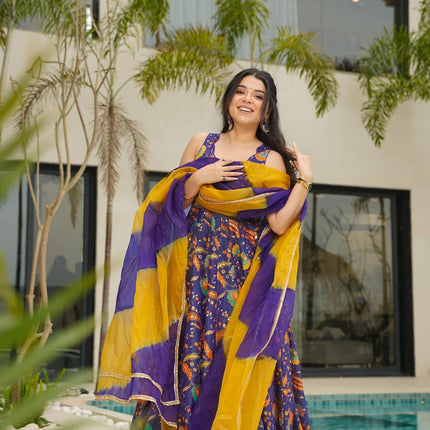 Sonakshi Women's Purple Silk Digital Print Full Round Flair Anarkali Gown Set With Dupatta