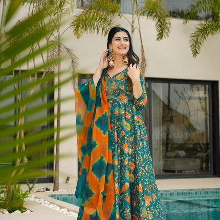 Sonakshi Women's Green Silk Digital Print Full Round Flair Anarkali Gown Set With Dupatta