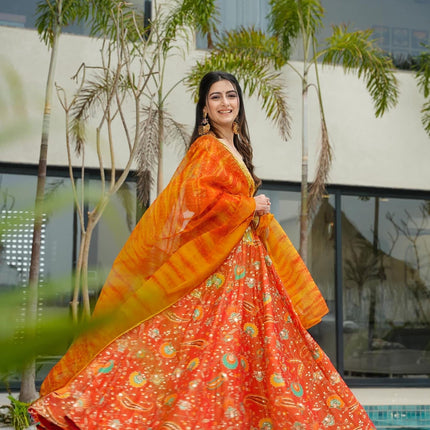 Sonakshi Women's Yellow Silk Digital Print Full Round Flair Anarkali Gown Set With Dupatta