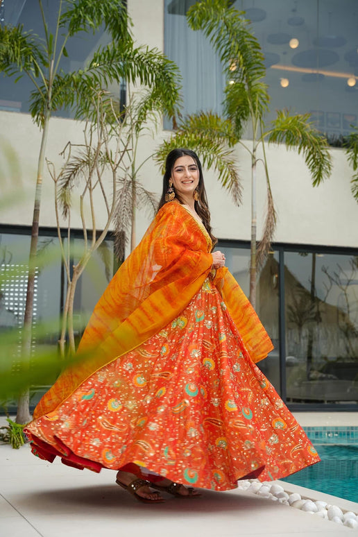 Sonakshi Women's Yellow Silk Digital Print Full Round Flair Anarkali Gown Set With Dupatta