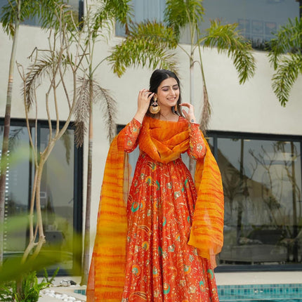 Sonakshi Women's Yellow Silk Digital Print Full Round Flair Anarkali Gown Set With Dupatta