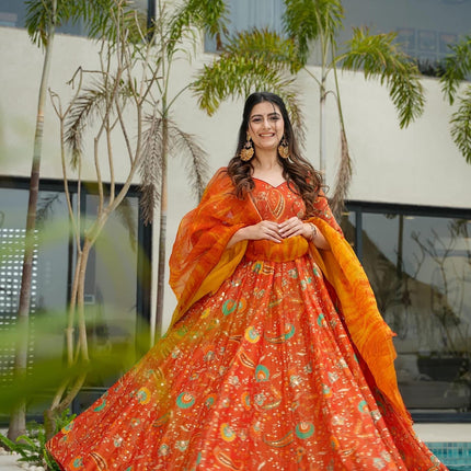 Sonakshi Women's Yellow Silk Digital Print Full Round Flair Anarkali Gown Set With Dupatta