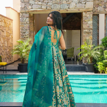 Sonakshi Women's Green Silk Digital Print Full Round Flair Anarkali Gown Set With Dupatta