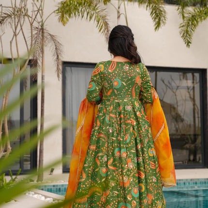 Sonakshi Women's Mehendi Silk Digital Print Full Round Flair Anarkali Gown Set With Dupatta