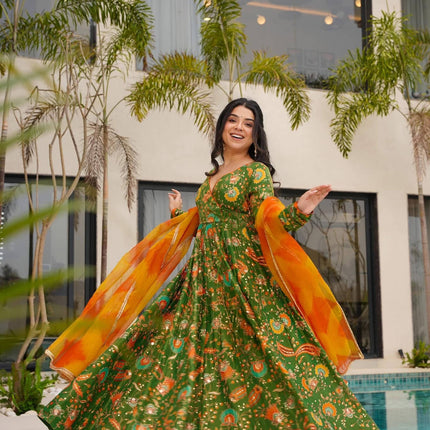 Sonakshi Women's Mehendi Silk Digital Print Full Round Flair Anarkali Gown Set With Dupatta