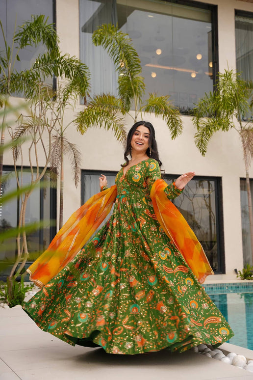 Sonakshi Women's Mehendi Silk Digital Print Full Round Flair Anarkali Gown Set With Dupatta