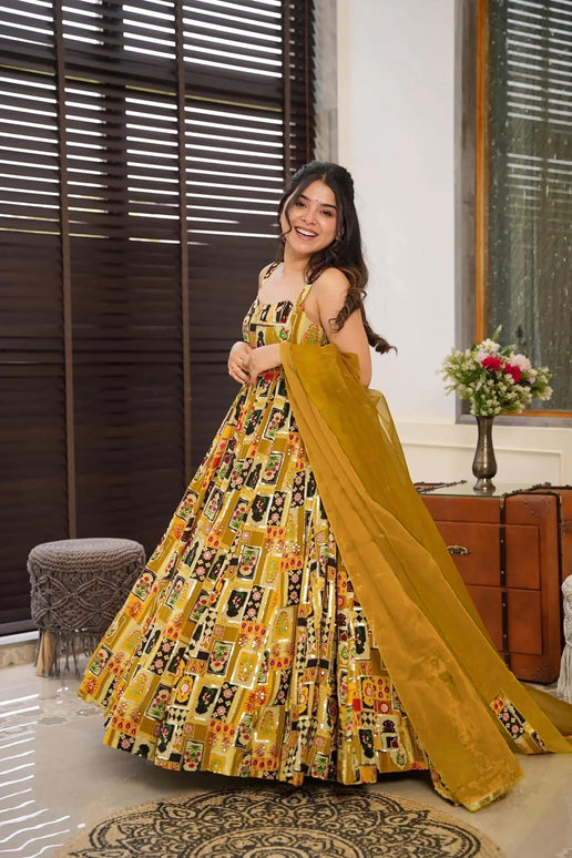 Sonakshi Women's Yellow Silk Digital Print Full Round Flair Anarkali Gown Set With Dupatta