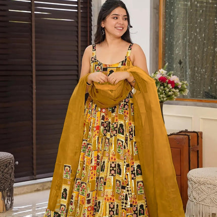 Sonakshi Women's Yellow Silk Digital Print Full Round Flair Anarkali Gown Set With Dupatta