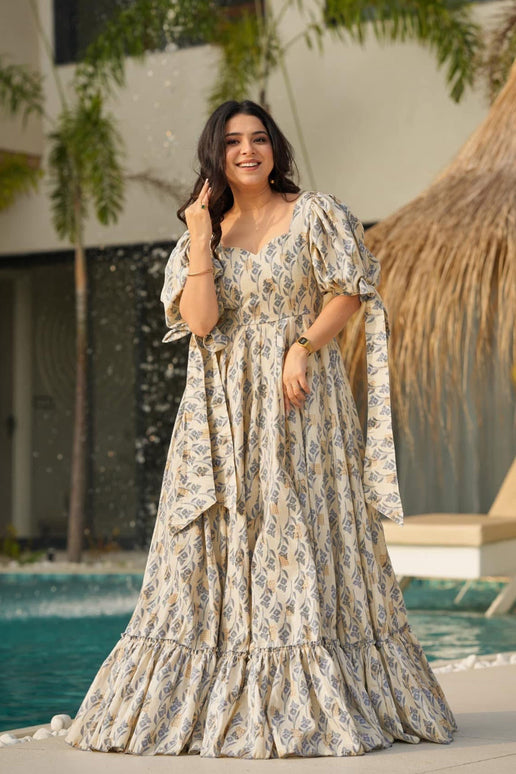 Sonakshi Women's Biscuit Rayon Digital Print Full Round Flair Anarkali Gown Set