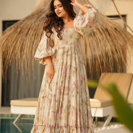 Sonakshi Women's Offwhite Rayon Digital Print Full Round Flair Anarkali Gown Set