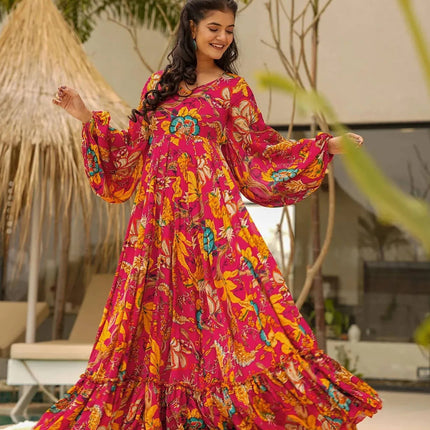 Sonakshi Women's Red Rayon Digital Print Full Round Flair Anarkali Gown Set