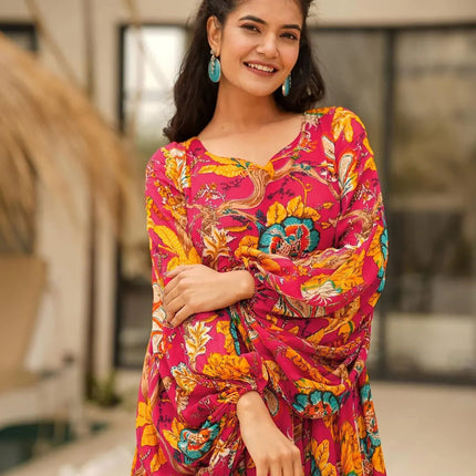 Sonakshi Women's Red Rayon Digital Print Full Round Flair Anarkali Gown Set