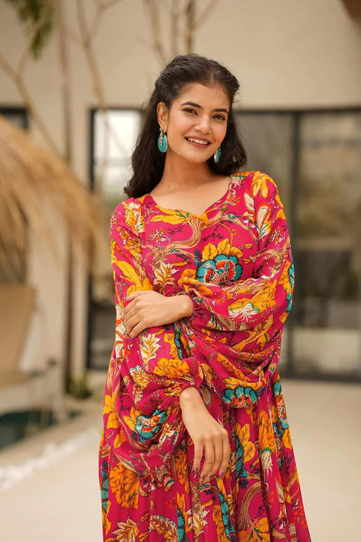 Sonakshi Women's Red Rayon Digital Print Full Round Flair Anarkali Gown Set