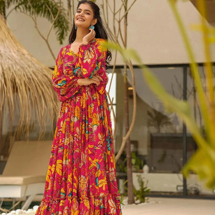 Sonakshi Women's Red Rayon Digital Print Full Round Flair Anarkali Gown Set