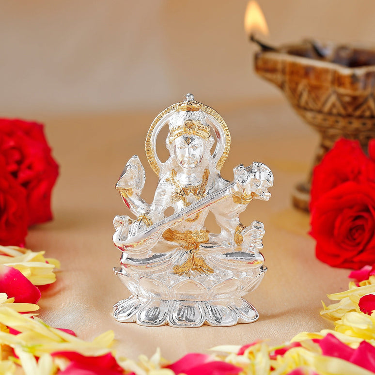 Estele Gold-Polished Goddess of Knowledge Sarasavti Ma Idol for Pooja & Car decor