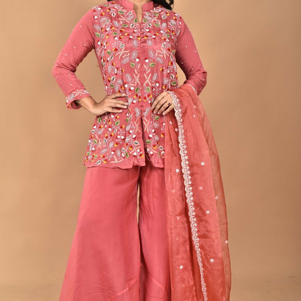 Morchari Women And Hand Embroidery Palazzo Set-Rust