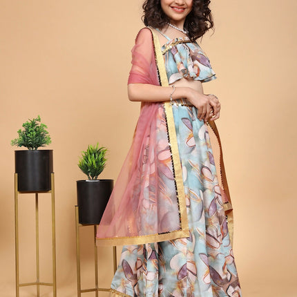 Divine Drape Girls Chinon Sky Blue Printed Kids Lehenga Choli With Dupatta