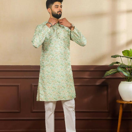 Green Art Silk Digital Printed, Embroidery Work Kurta Set - Mahotsav
