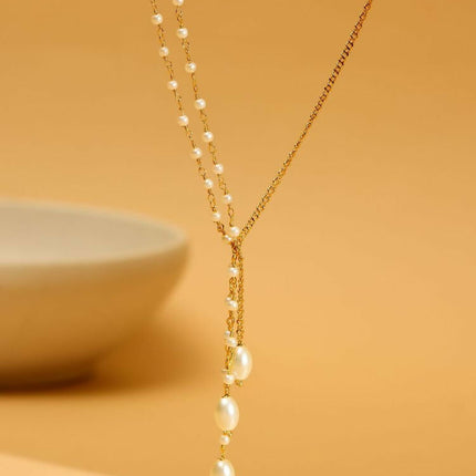 Beaded Pearl Drop One-Sided Layered Necklace - Ruby Raang