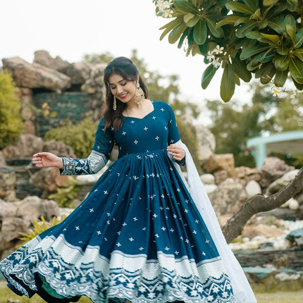 Rivasha Fashion Women Faux Blooming with Heavy 3/5mm Sequins + thread Embroidery Anarkali Gown With Dupatta And Pant - Navy Blue