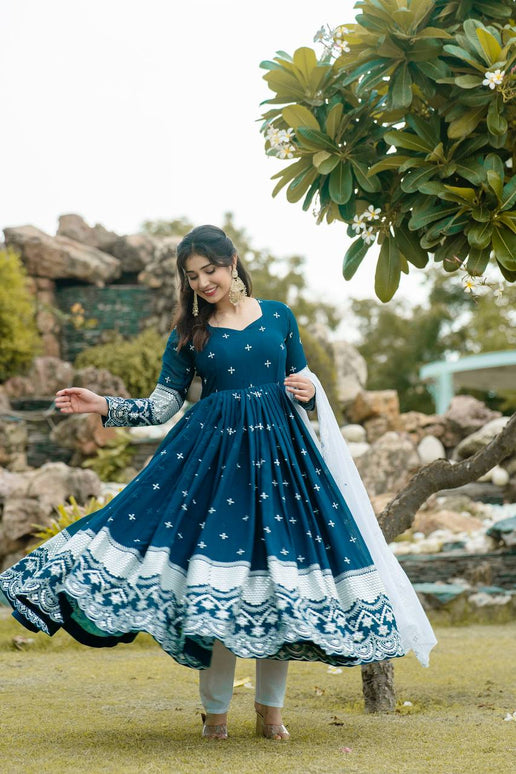 Rivasha Fashion Women Faux Blooming with Heavy 3/5mm Sequins + thread Embroidery Anarkali Gown With Dupatta And Pant - Navy Blue