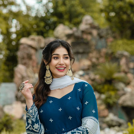 Rivasha Fashion Women Faux Blooming with Heavy 3/5mm Sequins + thread Embroidery Anarkali Gown With Dupatta And Pant - Navy Blue