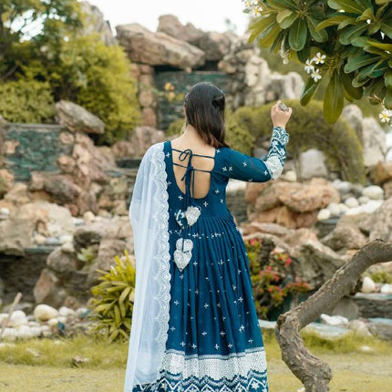 Rivasha Fashion Women Faux Blooming with Heavy 3/5mm Sequins + thread Embroidery Anarkali Gown With Dupatta And Pant - Navy Blue