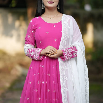 Rivasha Fashion Women Faux Blooming with Heavy 3/5mm Sequins + thread Embroidery Anarkali Gown With Dupatta And Pant - Pink