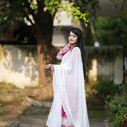 Rivasha Fashion Women Faux Blooming with Heavy 3/5mm Sequins + thread Embroidery Anarkali Gown With Dupatta And Pant - Pink