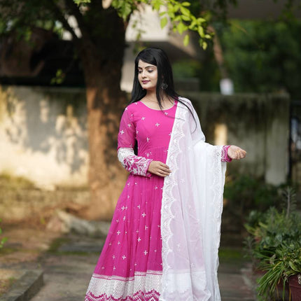 Rivasha Fashion Women Faux Blooming with Heavy 3/5mm Sequins + thread Embroidery Anarkali Gown With Dupatta And Pant - Pink