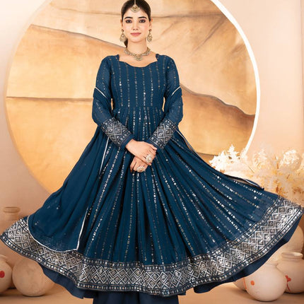 Rivasha Fashion Women Faux Blooming with Heavy 3/5mm Sequins + thread Embroidery Anarkali Gown With Dupatta And Pant - Rama Blue