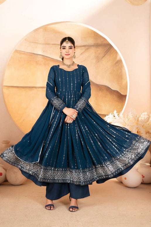 Rivasha Fashion Women Faux Blooming with Heavy 3/5mm Sequins + thread Embroidery Anarkali Gown With Dupatta And Pant - Rama Blue