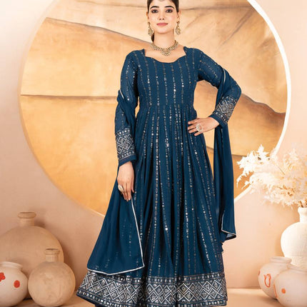 Rivasha Fashion Women Faux Blooming with Heavy 3/5mm Sequins + thread Embroidery Anarkali Gown With Dupatta And Pant - Rama Blue