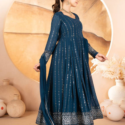 Rivasha Fashion Women Faux Blooming with Heavy 3/5mm Sequins + thread Embroidery Anarkali Gown With Dupatta And Pant - Rama Blue
