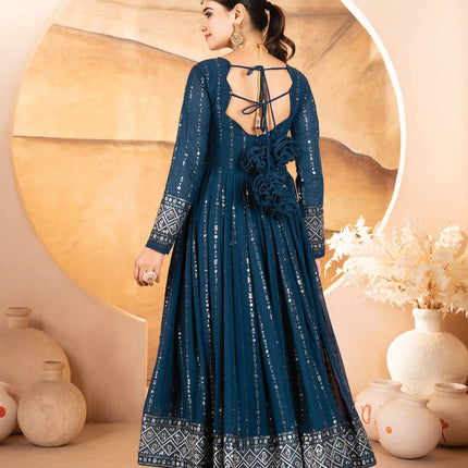 Rivasha Fashion Women Faux Blooming with Heavy 3/5mm Sequins + thread Embroidery Anarkali Gown With Dupatta And Pant - Rama Blue