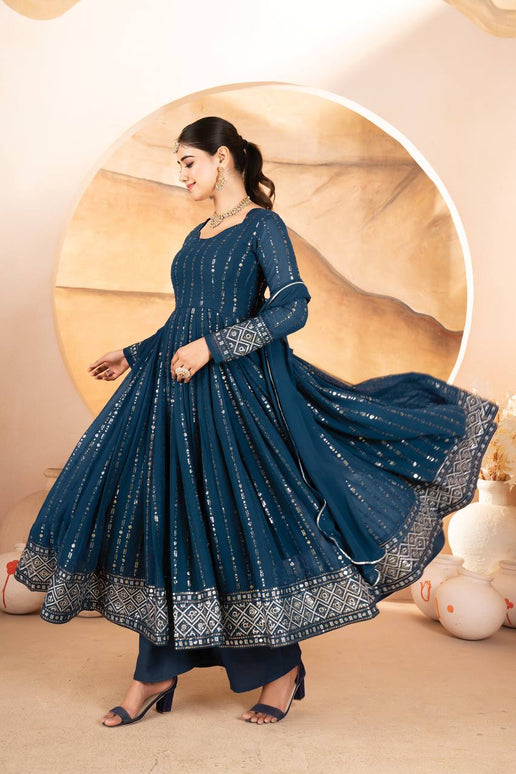 Rivasha Fashion Women Faux Blooming with Heavy 3/5mm Sequins + thread Embroidery Anarkali Gown With Dupatta And Pant - Rama Blue