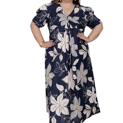 Miravan Womens Plus Size Blue Flower Printed Puff Sleeve Cotton Butterfly Maxi Dress