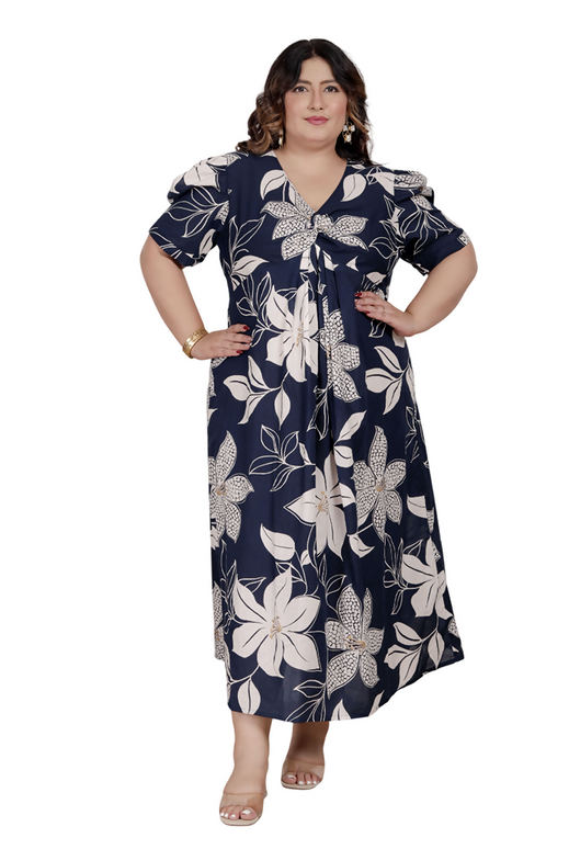 Miravan Womens Plus Size Blue Flower Printed Puff Sleeve Cotton Butterfly Maxi Dress