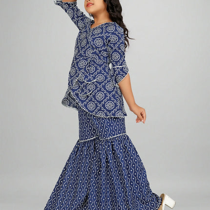 Divine Drape Girls Rayon Blue Printed Straight Kids Kurta Sharara With Dupatta