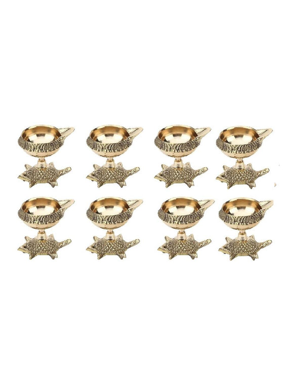 Tied Ribbons Gold Toned 8 Pieces Decorative Brass Diyas With Tortoise Base
