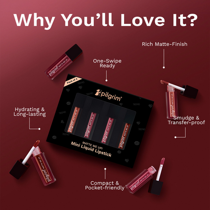 Pilgrim Matte Mini Liquid Lipstick 4 In 1 Pack Smudgeproof, Hydrating & Lightweight - Nude Temptation