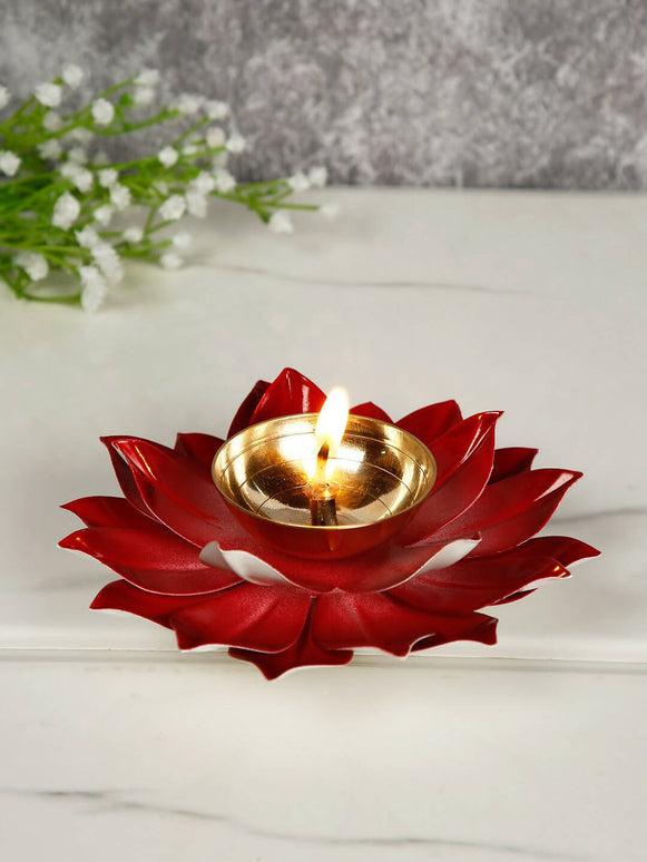 CraftVatika Red Lotus-Shaped Pooja Diya Oil Lamp