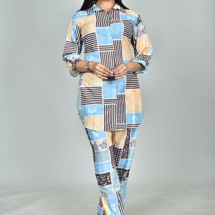 Morchari Digital Print Semi Muslin Co-Ord Set Top & Trouser-Multicolor