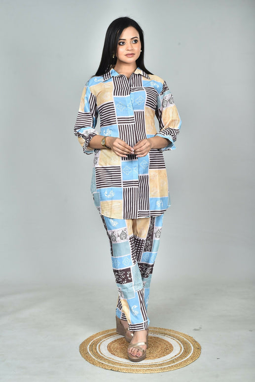 Morchari Digital Print Semi Muslin Co-Ord Set Top & Trouser-Multicolor