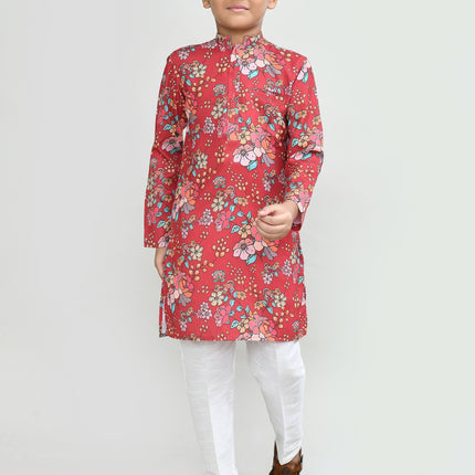 Joban Fashion Cotton Silk Red Kurta With Straight Fit Pant