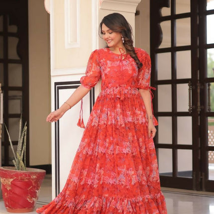 Aastha Fashion Red Faux Georgette Printed Party Wear Designer Gown