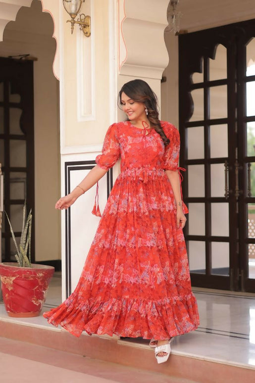 Aastha Fashion Red Faux Georgette Printed Party Wear Designer Gown