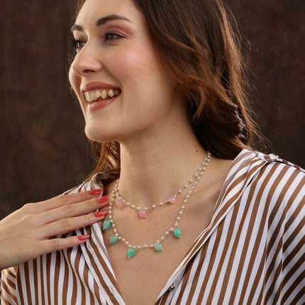 Beaded Green and Pink Motif Necklace - Ruby Raang