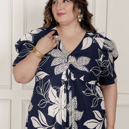 Miravan Womens Plus Size Blue Flower Printed Puff Sleeve Cotton Butterfly Maxi Dress