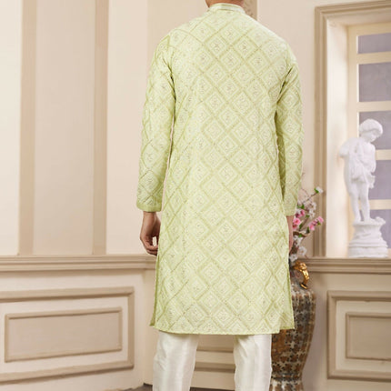 Raivat Ethnic Men's Art Silk Thread Work Kurta Pyjama In Green Colour